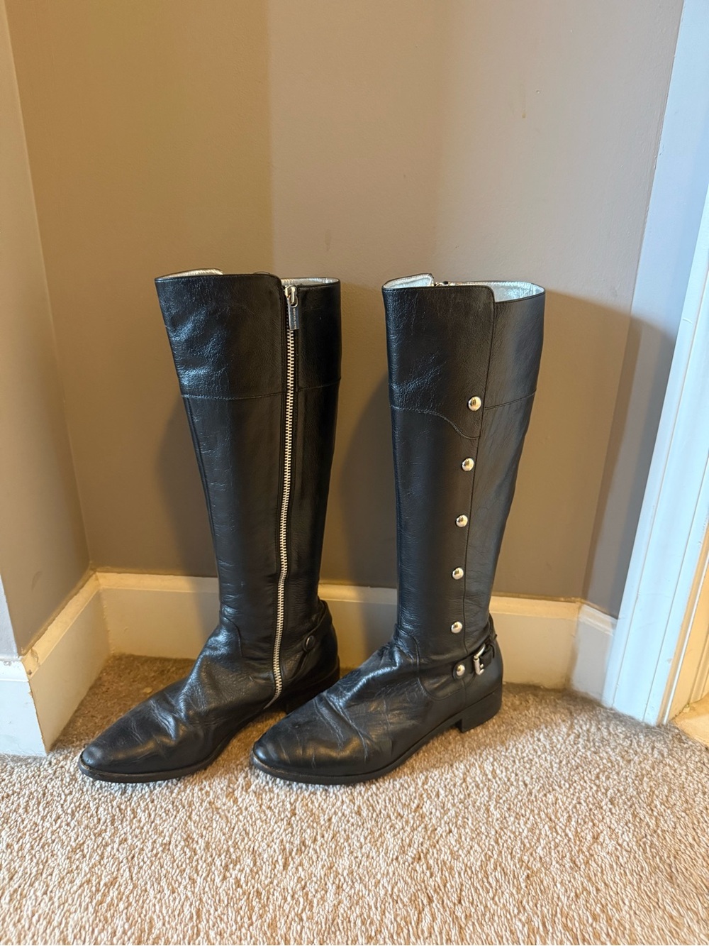 Michael Kors Black Leather Knee-High Riding Boots with Silver Hardware